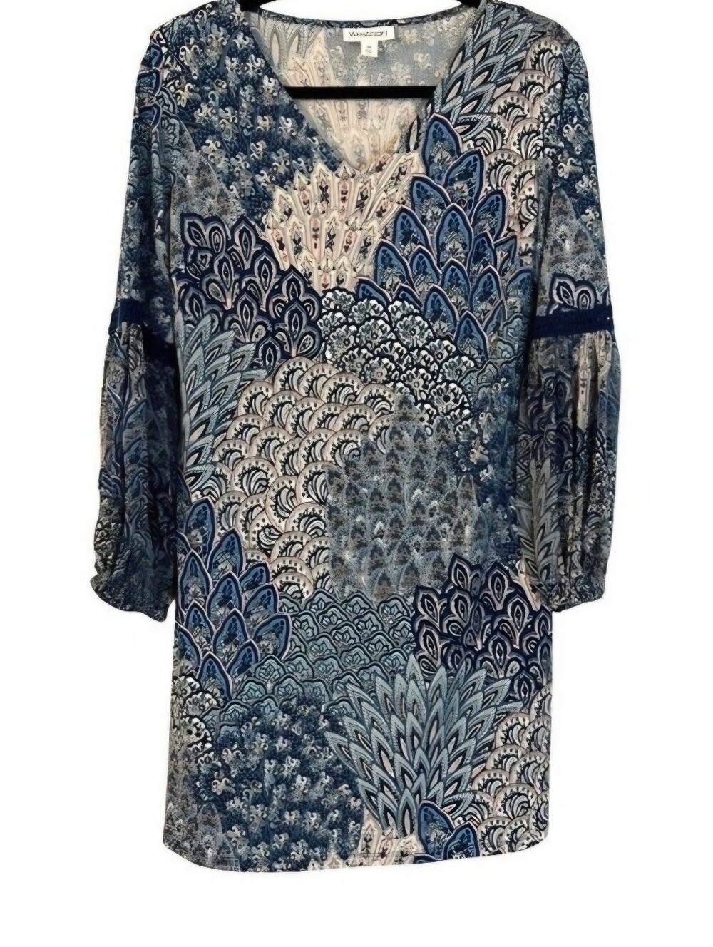 Westport 1962 Boho Blue Peacock Shift Dress Lace Detail Flare Sleeve Size L EUC